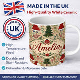 Personalized Custom Name Whimsical Santa Gnome Christmas Trees Seamless Pattern Festive 11oz Ceramic Coffee Tea Mug White Large Handle