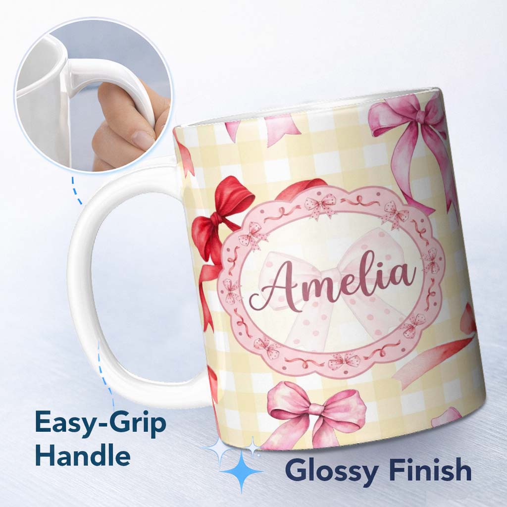 Personalized Custom Name Watercolor Ribbon Bow Seamless Pattern on Yellow Gingham Background 11oz Ceramic Coffee Tea Mug White Large Handle
