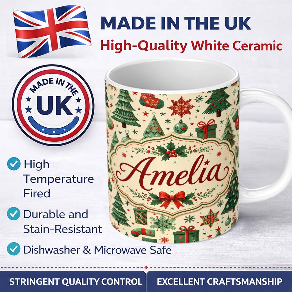 Personalized Custom Name Cute Christmas Trees Stockings Snowflakes Festive Holiday Design 11oz Ceramic Coffee Tea Mug White Large Handle