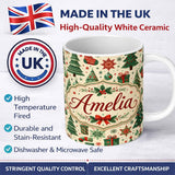 Personalized Custom Name Cute Christmas Trees Stockings Snowflakes Festive Holiday Design 11oz Ceramic Coffee Tea Mug White Large Handle