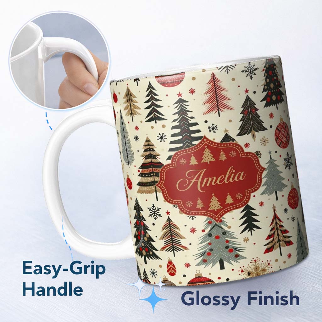 Personalized Custom Name Modern Minimal Christmas Trees with Black Gold Red Accents Seamless 11oz Ceramic Coffee Tea Mug White Large Handle
