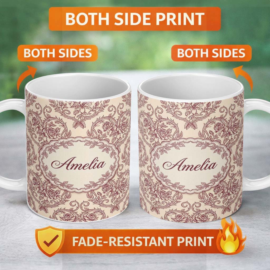 Personalized Custom Name Vintage Rose Heart Scroll Ornamental Seamless Pattern Design Lovely 11oz Ceramic Coffee Tea Mug White Large Handle