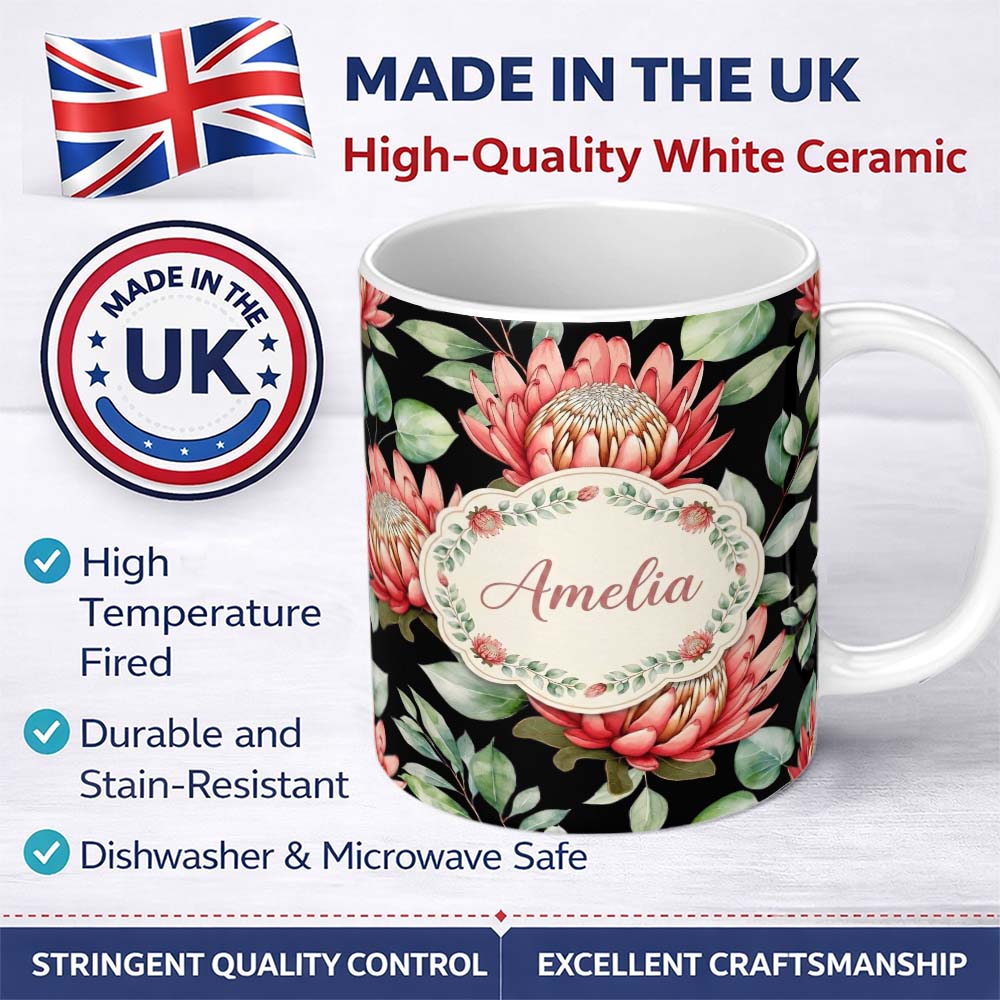 Personalized Custom Name Elegant Protea Flowers with Green Leaves on White Background Lovely 11oz Ceramic Coffee Tea Mug White Large Handle