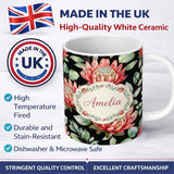 Personalized Custom Name Elegant Protea Flowers with Green Leaves on White Background Lovely 11oz Ceramic Coffee Tea Mug White Large Handle