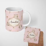 Personalized Custom Name Cute Woodland Owls with Mushrooms Leaves Soft Pink Background 11oz Ceramic Coffee Tea Mug White Large Handle