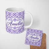 Personalized Custom Name Purple Ornamental Tile Floral Seamless Pattern Beautiful Coffee Cup 11oz Ceramic Coffee Tea Mug White Large Handle