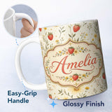 Personalized Custom Name Delicate Strawberry and Wildflower Botanical Seamless Pattern Lovely 11oz Ceramic Coffee Tea Mug White Large Handle