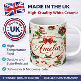 Personalized Custom Name Cute Christmas Elf Gift Candy Cane Festive Seamless Pattern Lovely 11oz Ceramic Coffee Tea Mug White Large Handle