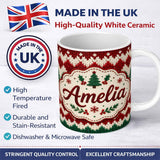 Personalized Custom Name Cute Handmade Wool Knit Red Green White Cozy Seamless Pattern Lovely 11oz Ceramic Coffee Tea Mug White Large Handle
