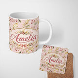 Personalized Custom Name Elegant Gold Holly Berry Soft Pink Festive Seamless Pattern Lovely 11oz Ceramic Coffee Tea Mug White Large Handle
