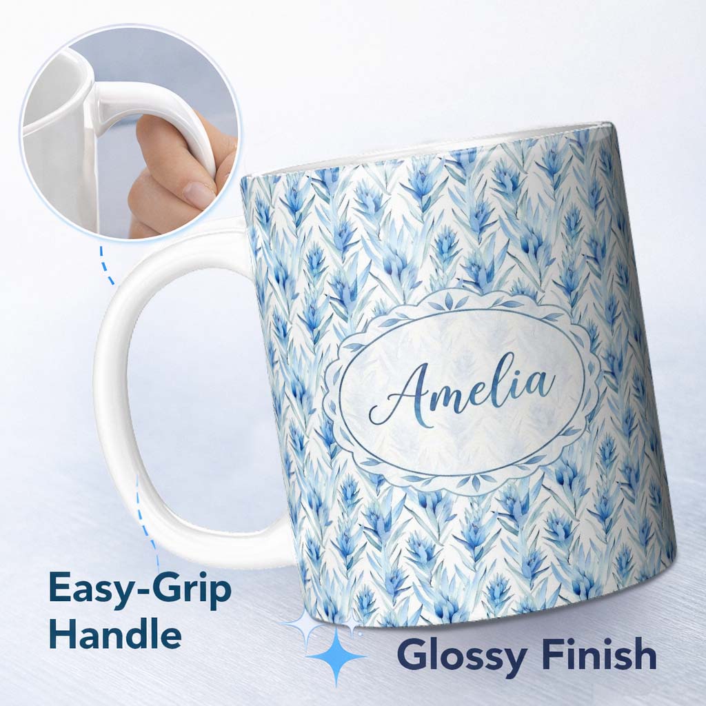 Personalized Custom Name Soft Blue Botanical Watercolor Leaf Seamless Pattern Lovely 11oz Ceramic Coffee Tea Mug White Large Handle