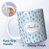 Personalized Custom Name Soft Blue Botanical Watercolor Leaf Seamless Pattern Lovely 11oz Ceramic Coffee Tea Mug White Large Handle