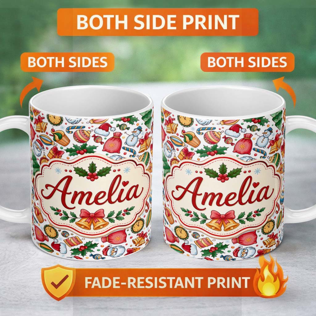 Personalized Custom Name Cute Christmas Santa Gifts Candy Snowman Seamless Pattern Lovely 11oz Ceramic Coffee Tea Mug White Large Handle