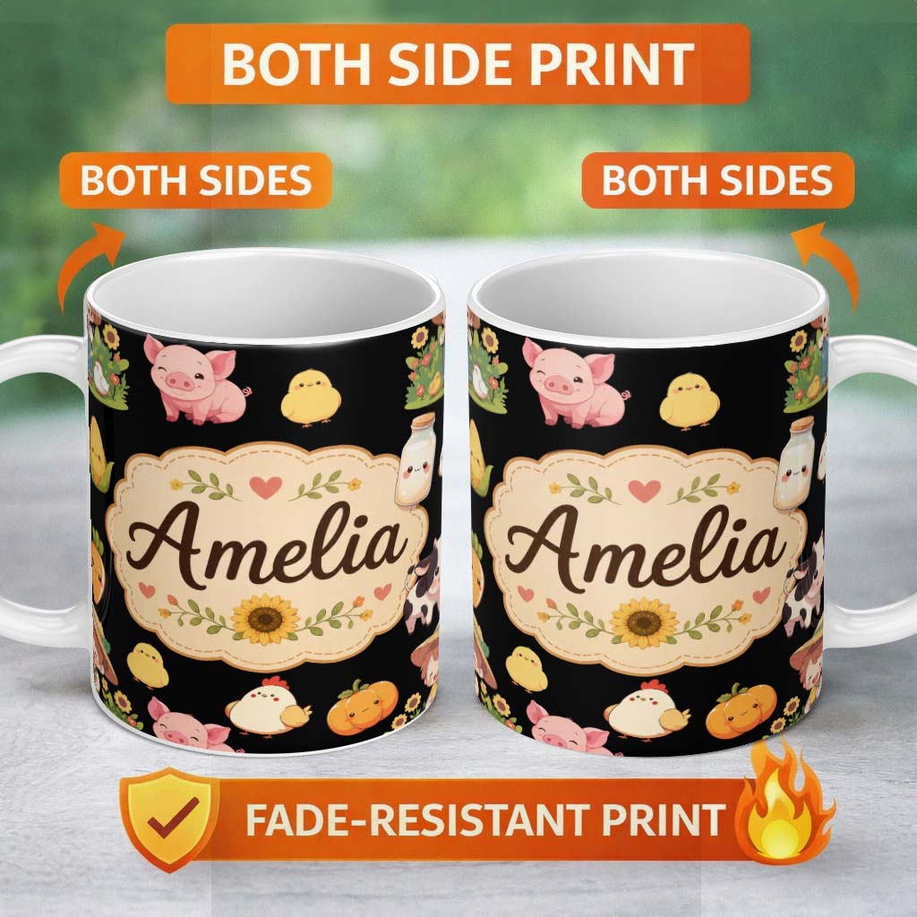 Personalized Custom Name Cute Farm Girl Animals Harvest Seamless Pattern Black Background 11oz Ceramic Coffee Tea Mug White Large Handle