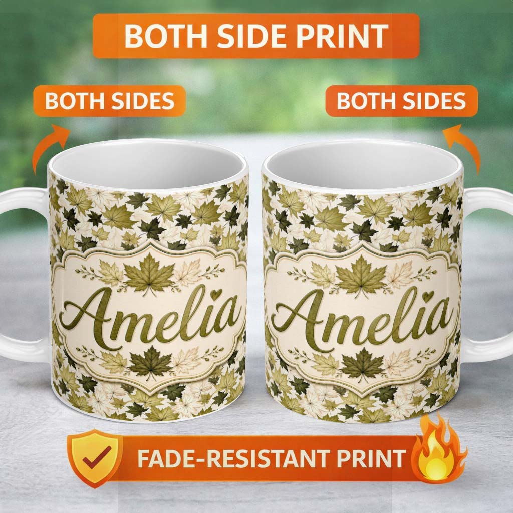 Personalized Custom Name Green and Cream Maple Leaf Pattern with Natural Foliage Style Lovely 11oz Ceramic Coffee Tea Mug White Large Handle