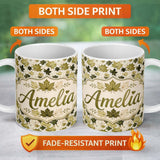 Personalized Custom Name Green and Cream Maple Leaf Pattern with Natural Foliage Style Lovely 11oz Ceramic Coffee Tea Mug White Large Handle