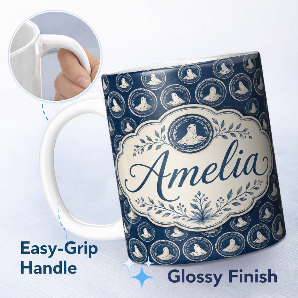 Personalized Custom Name Vintage Style Seal Cameo Medallion Navy Classic Seamless Pattern 11oz Ceramic Coffee Tea Mug White Large Handle