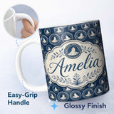 Personalized Custom Name Vintage Style Seal Cameo Medallion Navy Classic Seamless Pattern 11oz Ceramic Coffee Tea Mug White Large Handle