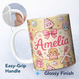 Personalized Custom Name Cute Christmas Gingerbread Candy House Gifts Seamless Pattern Yellow 11oz Ceramic Coffee Tea Mug White Large Handle