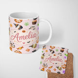 Personalized Custom Name Cute Halloween Donuts Cupcakes Bats and Candy Soft Pink Background 11oz Ceramic Coffee Tea Mug White Large Handle
