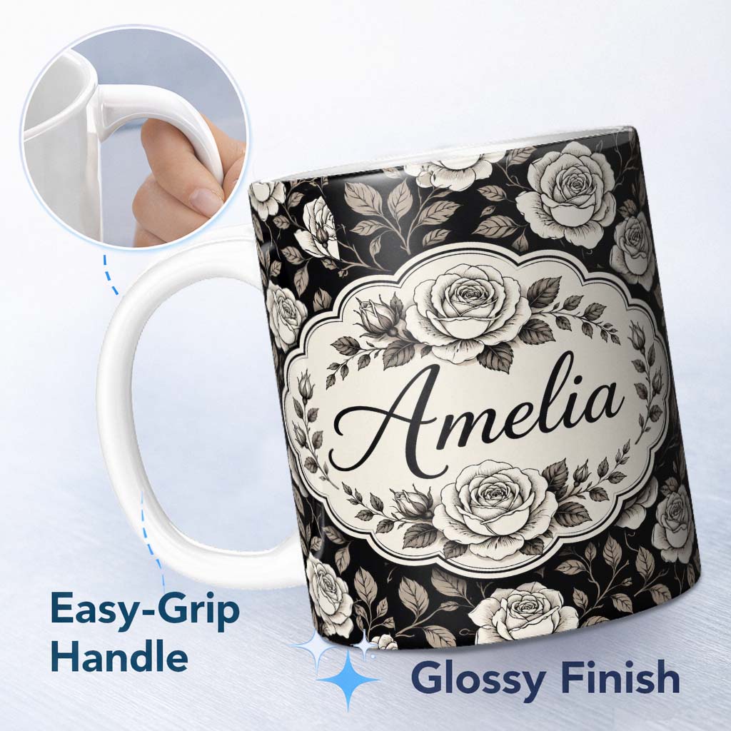 Personalized Custom Name Soft Ivory Rose Blossoms Navy Background Seamless Pattern Lovely 11oz Ceramic Coffee Tea Mug White Large Handle