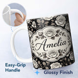 Personalized Custom Name Soft Ivory Rose Blossoms Navy Background Seamless Pattern Lovely 11oz Ceramic Coffee Tea Mug White Large Handle