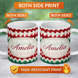 Personalized Custom Name Rustic Red Green Watercolor Knit Texture Seamless Pattern Lovely 11oz Ceramic Coffee Tea Mug White Large Handle