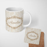 Personalized Custom Name Rustic Whitewashed Wooden Plank Texture Seamless Pattern Lovely 11oz Ceramic Coffee Tea Mug White Large Handle