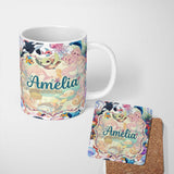 Personalized Custom Name Cute Underwater Ocean Scene Mermaid Dolphin Turtle Treasure White 11oz Ceramic Coffee Tea Mug White Large Handle