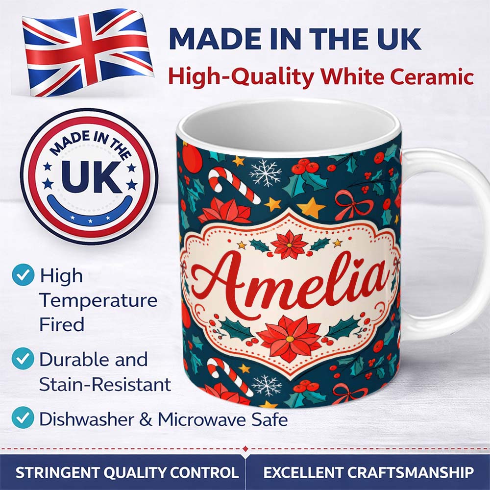Personalized Custom Name Cute Poinsettia Candy Cane Star Seamless Pattern Festive Floral 11oz Ceramic Coffee Tea Mug White Large Handle