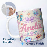 Personalized Custom Name Cute Kawaii Mermaid Seahorse Jellyfish and Starfish Ocean Seamless 11oz Ceramic Coffee Tea Mug White Large Handle