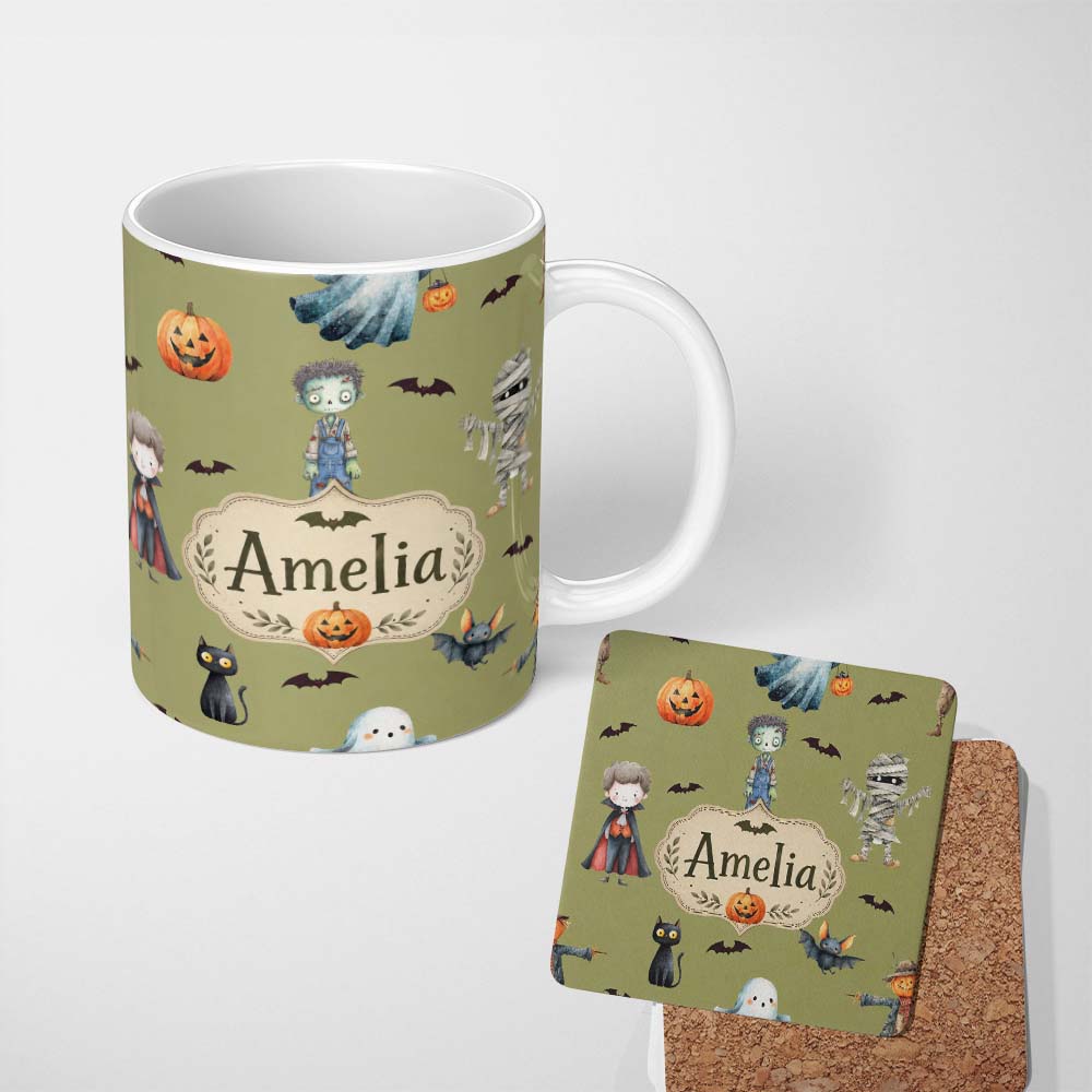 Personalized Custom Name Cute Halloween Kids Characters Zombie Vampire Bats Pumpkin Olive 11oz Ceramic Coffee Tea Mug White Large Handle
