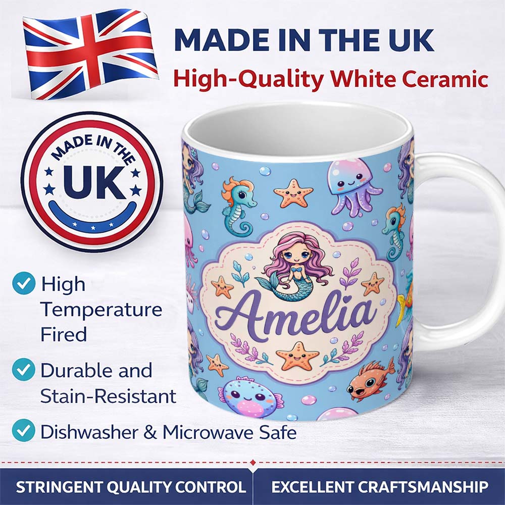 Personalized Custom Name Cute Cartoon Mermaid with Sea Creatures on Blue Background Kids 11oz Ceramic Coffee Tea Mug White Large Handle