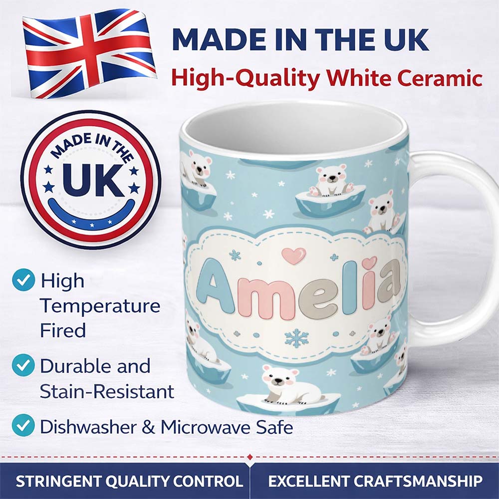 Personalized Custom Name Cute Polar Bear Cubs Floating Ice Winter Snowflakes Seamless Pattern 11oz Ceramic Coffee Tea Mug White Large Handle