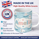 Personalized Custom Name Cute Polar Bear Cubs Floating Ice Winter Snowflakes Seamless Pattern 11oz Ceramic Coffee Tea Mug White Large Handle