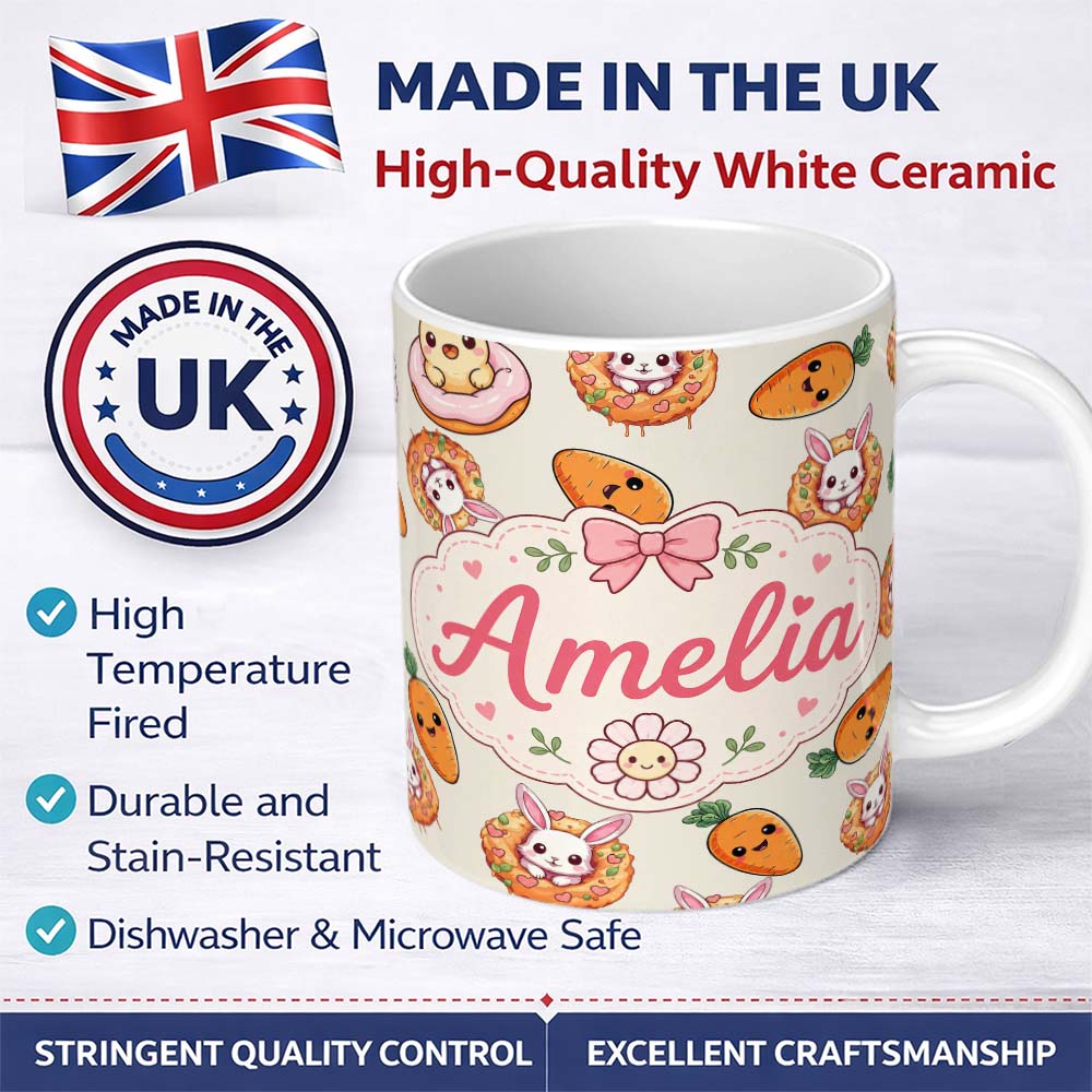 Personalized Custom Name Cute Easter Bunny Carrot Donut Hearts Seamless Pattern Cream Lovely 11oz Ceramic Coffee Tea Mug White Large Handle