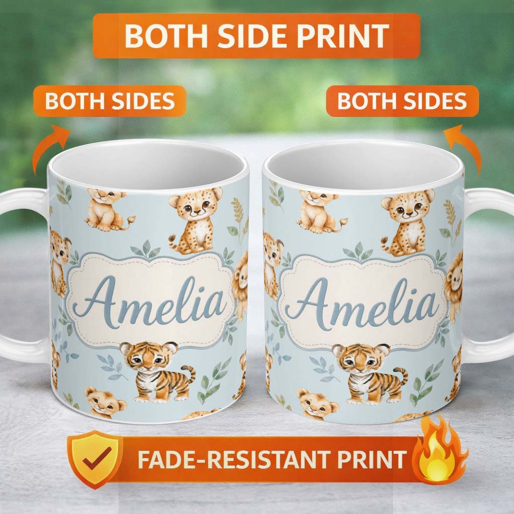 Personalized Custom Name Cute Baby Jungle Animals with Leaves on Soft Blue Background Lovely 11oz Ceramic Coffee Tea Mug White Large Handle
