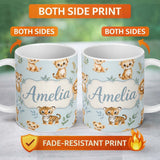 Personalized Custom Name Cute Baby Jungle Animals with Leaves on Soft Blue Background Lovely 11oz Ceramic Coffee Tea Mug White Large Handle