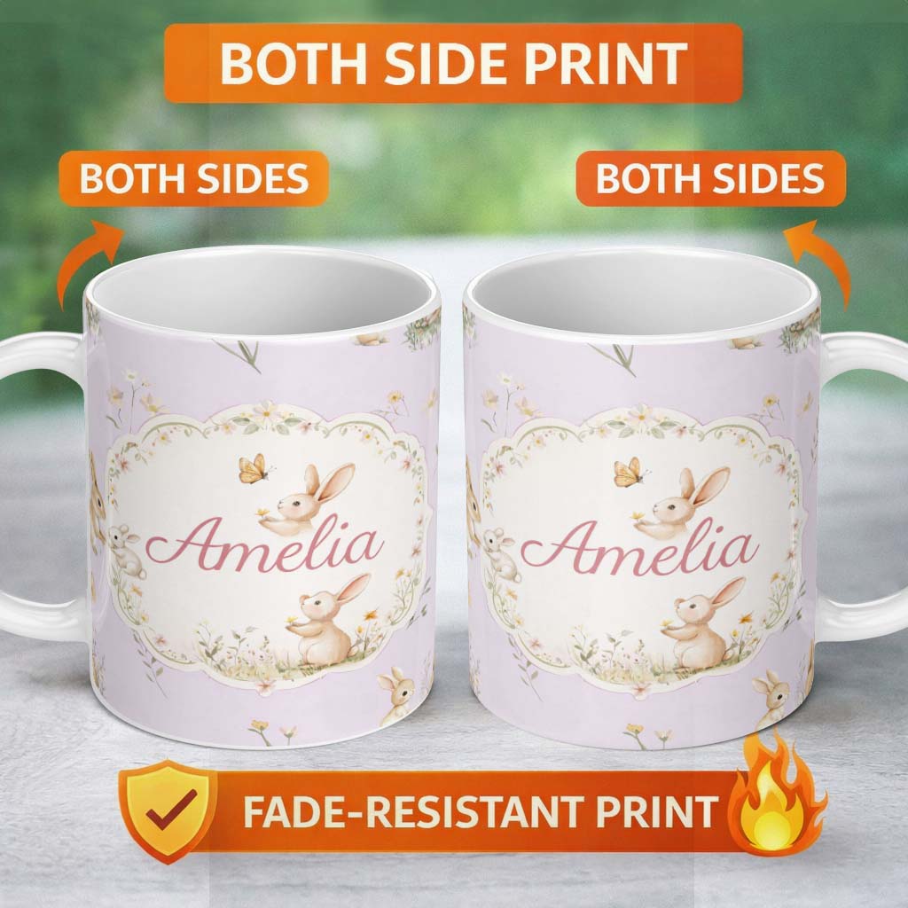 Personalized Custom Name Watercolor Bunny Floral Meadow Soft Lavender Seamless Pattern Lovely 11oz Ceramic Coffee Tea Mug White Large Handle