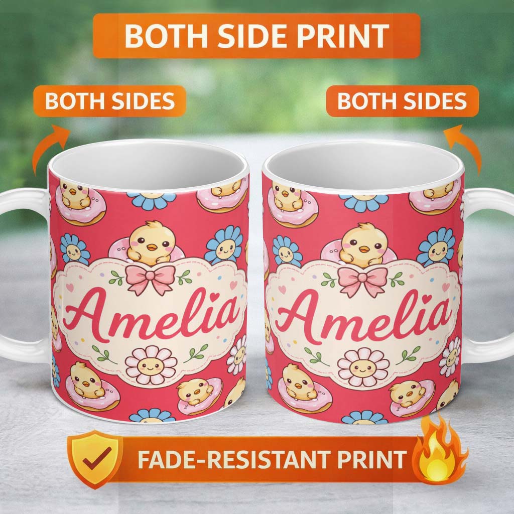 Personalized Custom Name Cute Baby Chick Donut Flowers Seamless Pattern Bright Red Background 11oz Ceramic Coffee Tea Mug White Large Handle