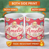 Personalized Custom Name Cute Baby Chick Donut Flowers Seamless Pattern Bright Red Background 11oz Ceramic Coffee Tea Mug White Large Handle