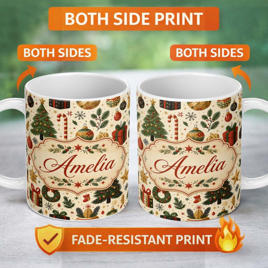 Personalized Custom Name Vintage Christmas Trees Gifts Baubles Candy Cane Festive Seamless 11oz Ceramic Coffee Tea Mug White Large Handle