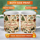 Personalized Custom Name Vintage Christmas Trees Gifts Baubles Candy Cane Festive Seamless 11oz Ceramic Coffee Tea Mug White Large Handle