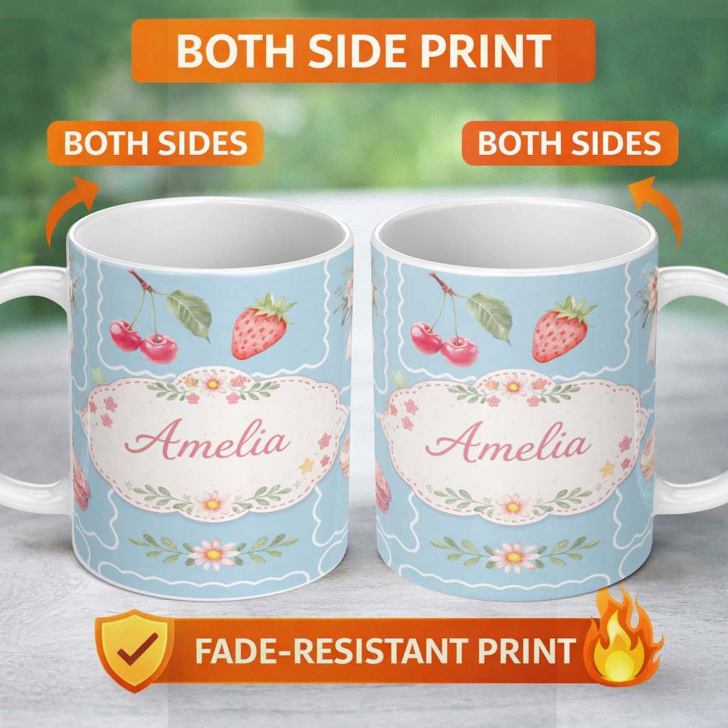 Personalized Custom Name Strawberry Cherry Bow Seamless Pattern Blue Frame Cute Coquette 11oz Ceramic Coffee Tea Mug White Large Handle