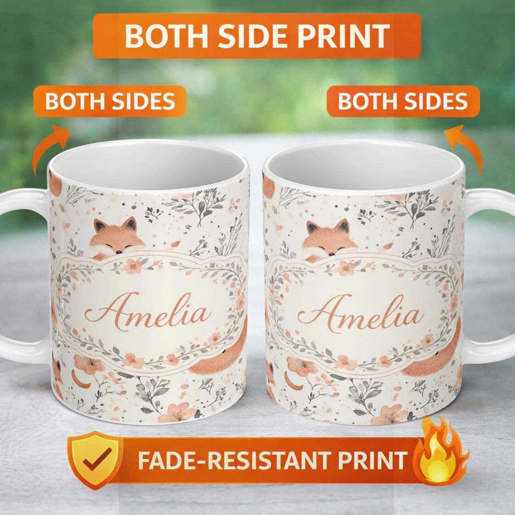 Personalized Custom Name Cute Fox Floral Seamless Pattern Thoughtful Gift Idea Lovely 11oz Ceramic Coffee Tea Mug White Large Handle