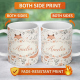 Personalized Custom Name Cute Fox Floral Seamless Pattern Thoughtful Gift Idea Lovely 11oz Ceramic Coffee Tea Mug White Large Handle