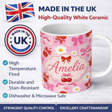 Personalized Custom Name Cute Cherry Bow Daisy Heart Seamless Pattern on Soft Pink Gingham 11oz Ceramic Coffee Tea Mug White Large Handle