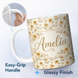 Personalized Custom Name Neutral Beige Floral Botanical Elegant Seamless Pattern Lovely 11oz Ceramic Coffee Tea Mug White Large Handle