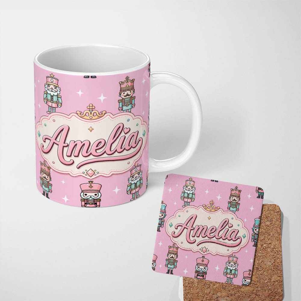 Personalized Custom Name Cute Nutcracker Soldiers Pink Background Festive Christmas Seamless 11oz Ceramic Coffee Tea Mug White Large Handle