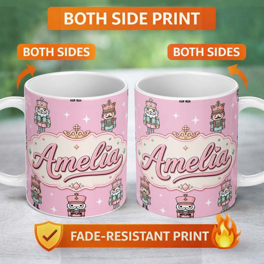 Personalized Custom Name Cute Nutcracker Soldiers Pink Background Festive Christmas Seamless 11oz Ceramic Coffee Tea Mug White Large Handle